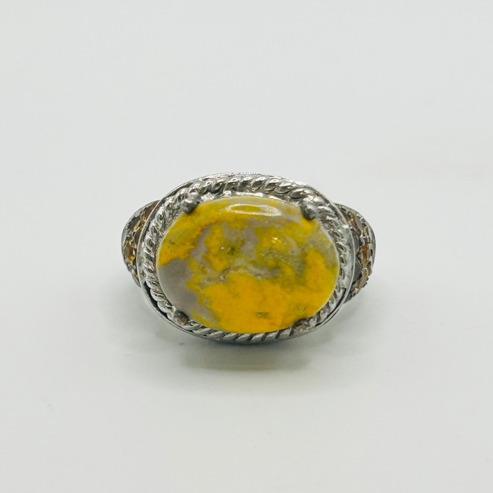 Bumblebee Jasper and Yellow Austrian Crystal Ring; Size 8.75; Stainless Steel